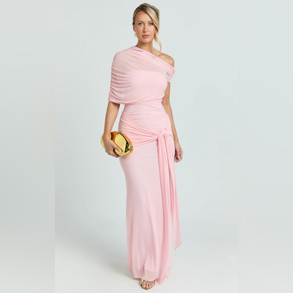 NWT Showpo Pink Nicolette One-Shoulder Cape Maxi Dress